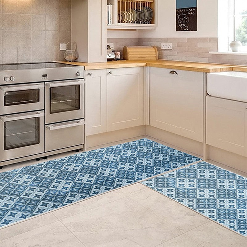 Muted Mosaic Polyester Kitchen Floor Mats (Blue) - Set of Two