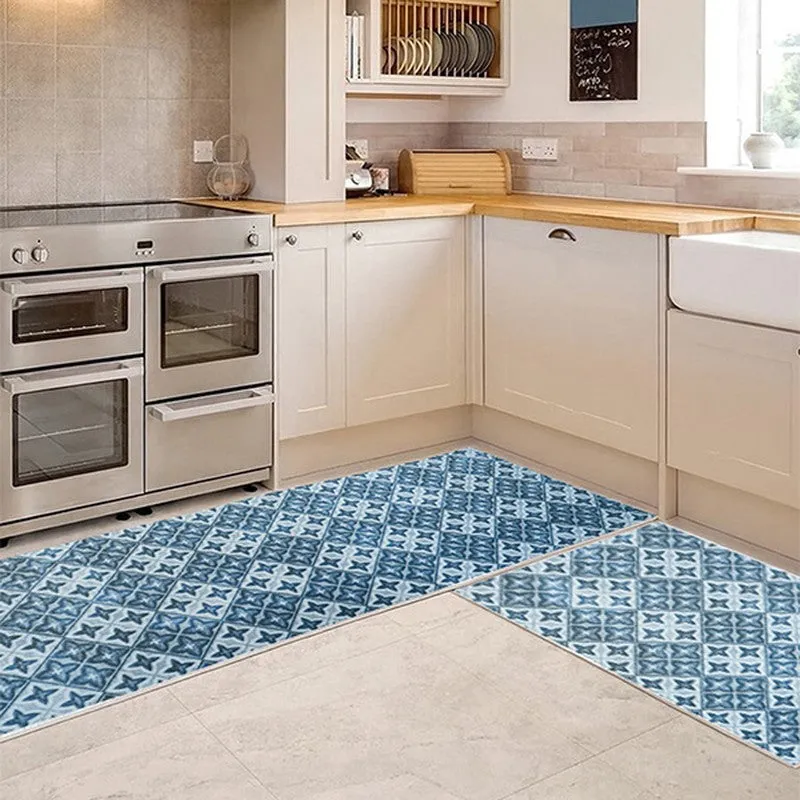 Muted Mosaic Polyester Kitchen Floor Mats (Blue) - Set of Two media 1
