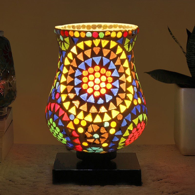 Clarent Mosaic Glass Table Lamp With Wooden Base - Multicolor