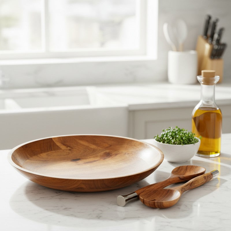 Verdant Shallow Wood Salad Bowl with Serving Spoons (1500 mL) - Three Piece Set