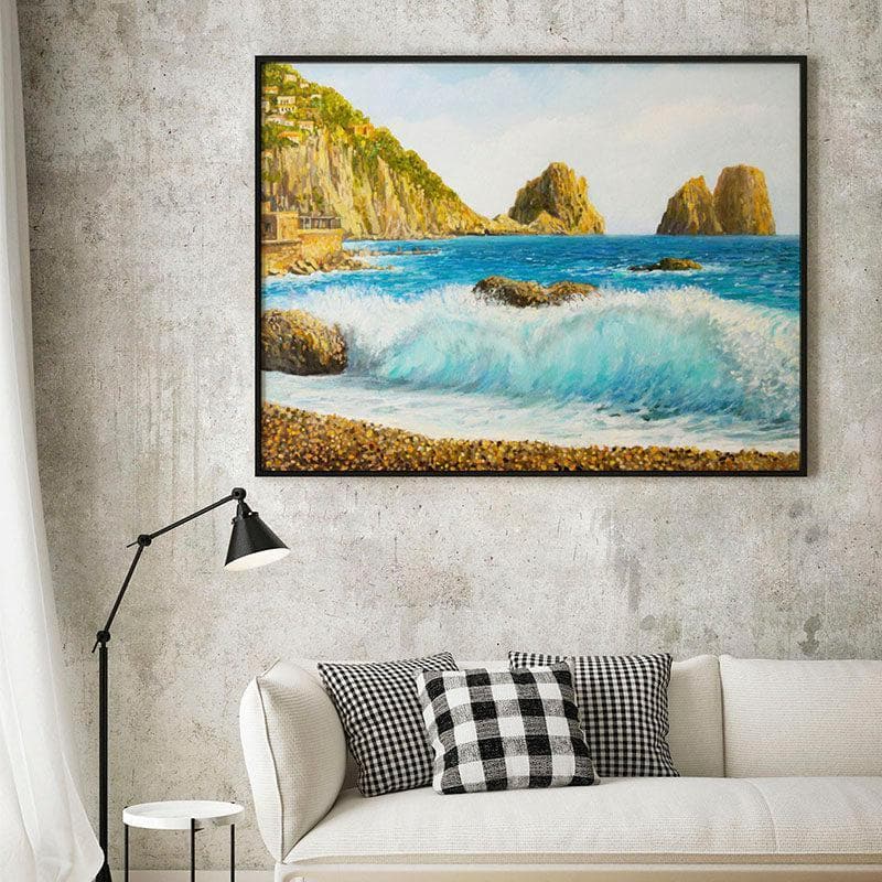 Faraglioni On Island Capri Canvas Wall Painting - Black Frame
