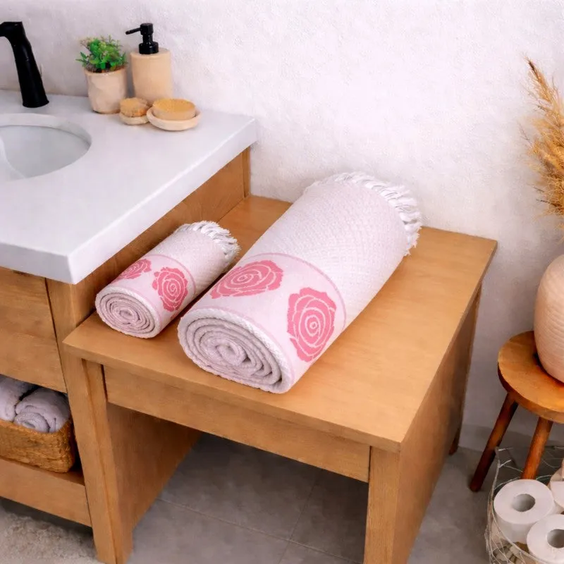 Rosette Cotton Bath Towel (Pink & White) - Set Of Two media 1