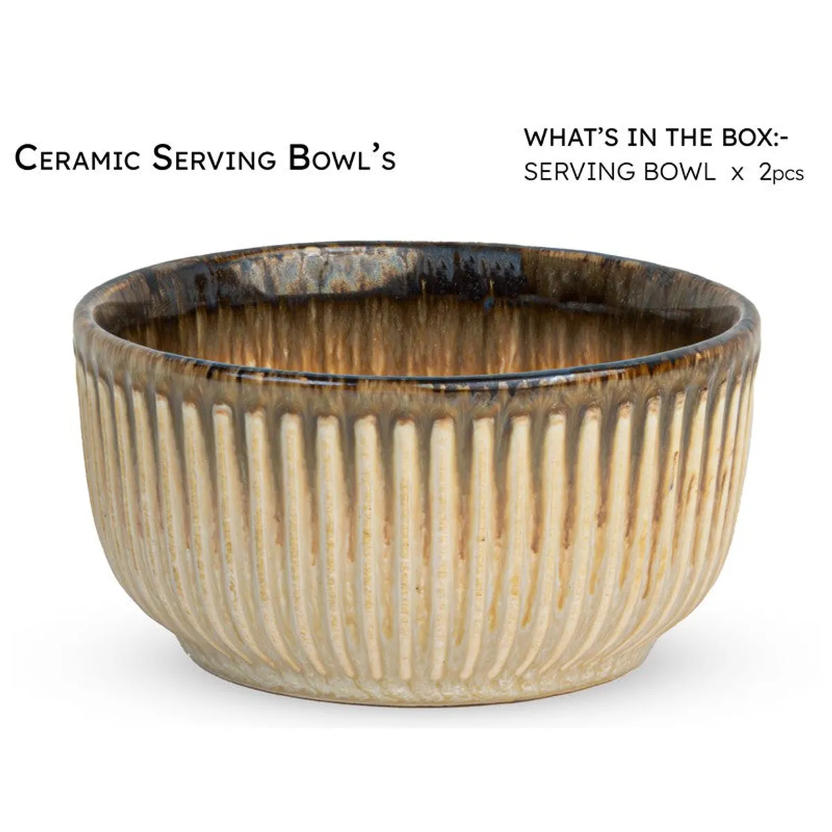 Close-up of a beige ceramic serving bowl with glossy brown rim and vertical ridges.