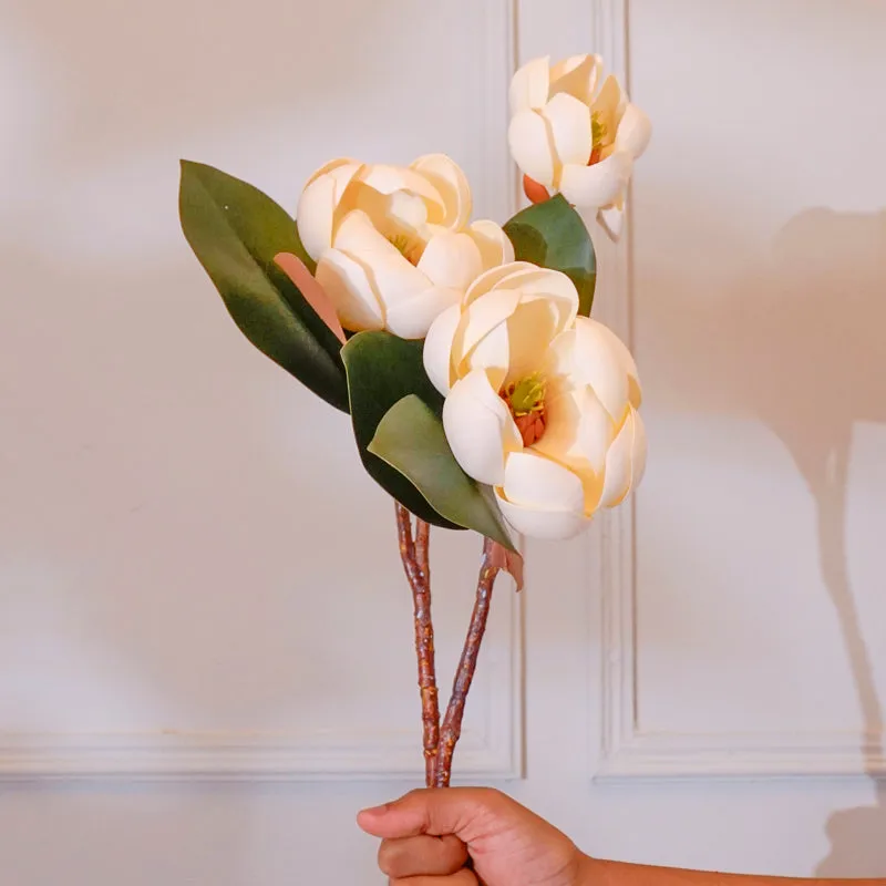 Faux Magnolia Cherry Blossom Flower Stick With Leaves (White) - 28 CM media 3