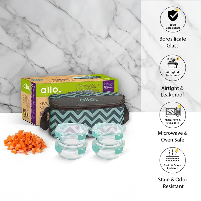 Jonas Round Lunchbox With Chevron Bag (390 ML) - Set Of Four