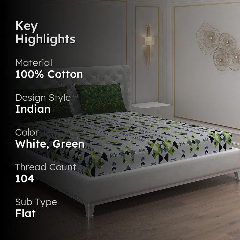 Monte Carlo Magique Angle Cotton Bedsheet (White,Green) - 104 TC media 2