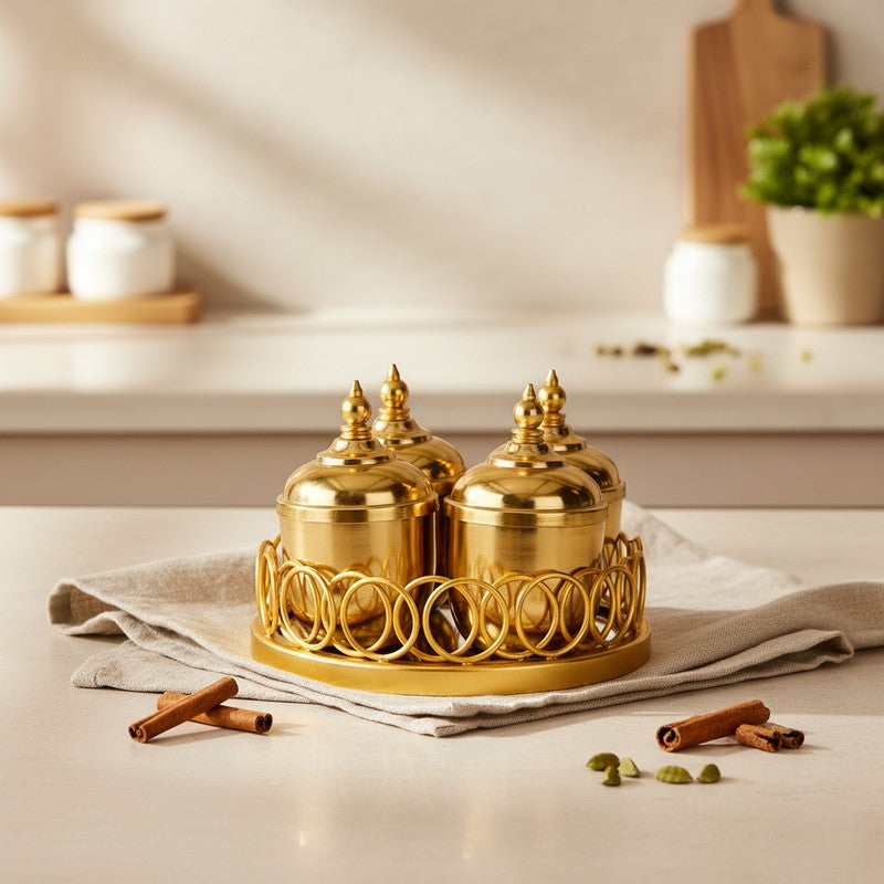 Aristal Metal Jars With Tray (Gold) - Five Piece Set