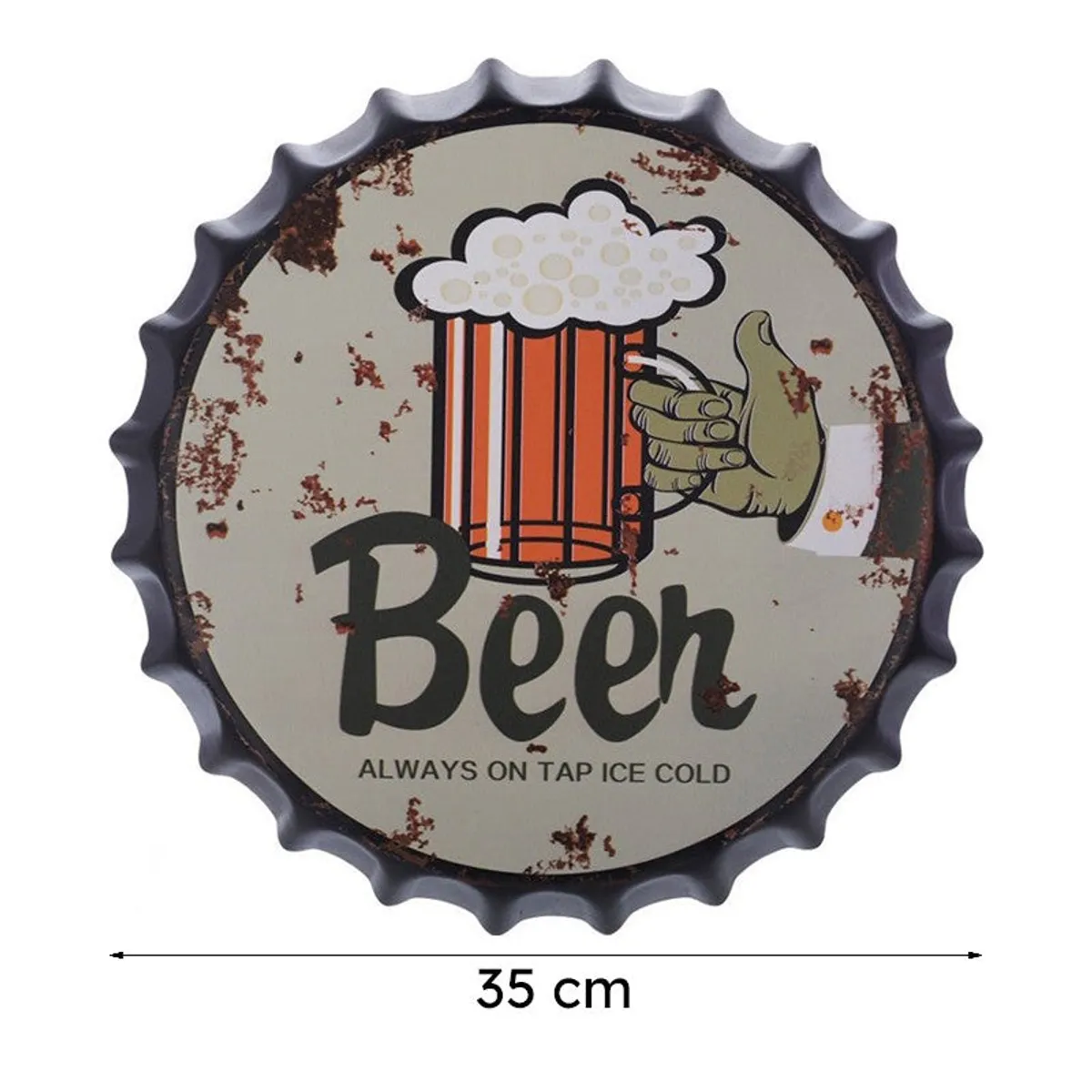 Close front view of the distressed round beer bottle cap wall accent with a 35 cm width marker.