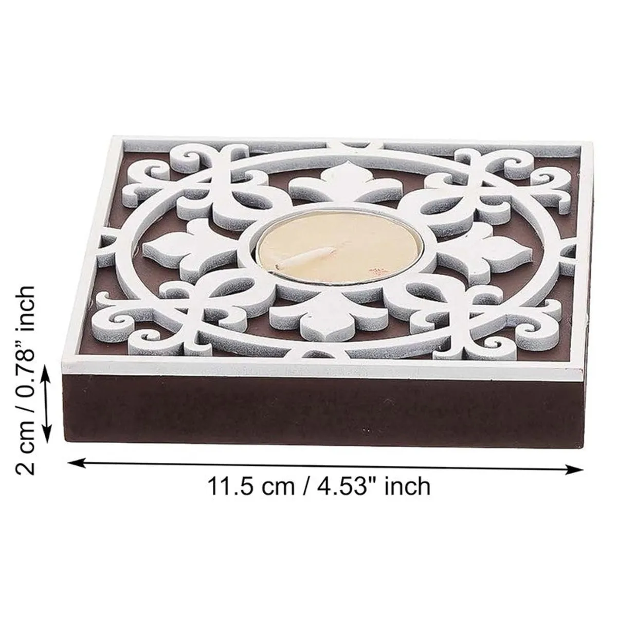 Close-up side view of a square brown and white tea light holder