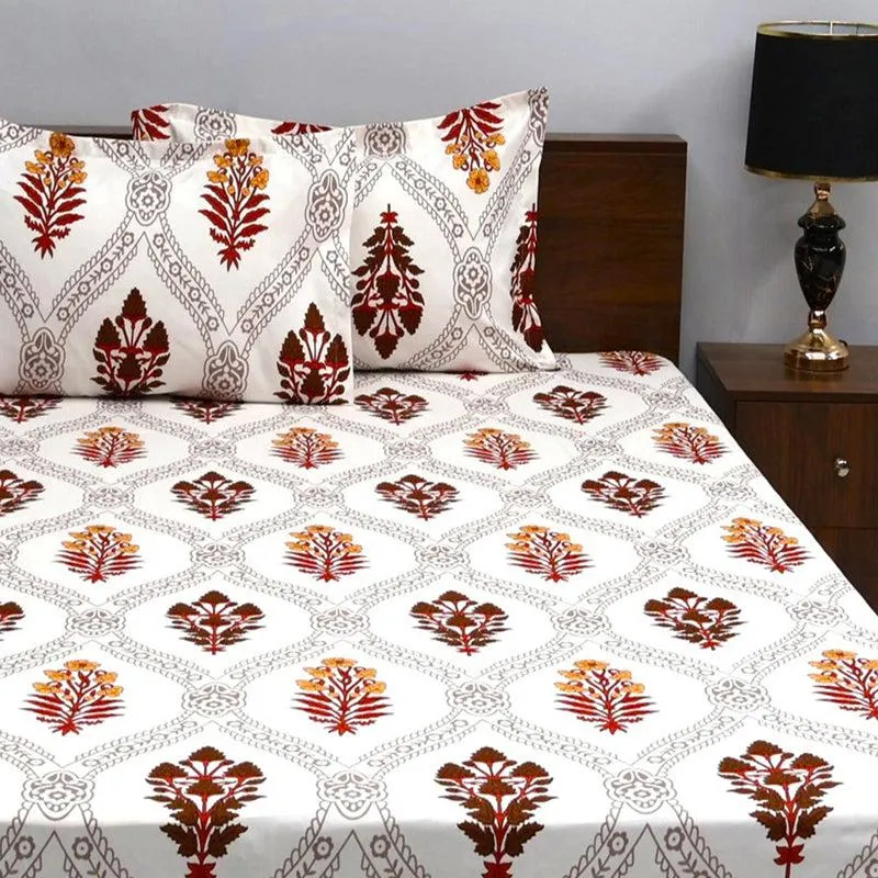 Chavvi Ethnic Microfiber Bedsheet (White & Brown) - 120 GSM media 1