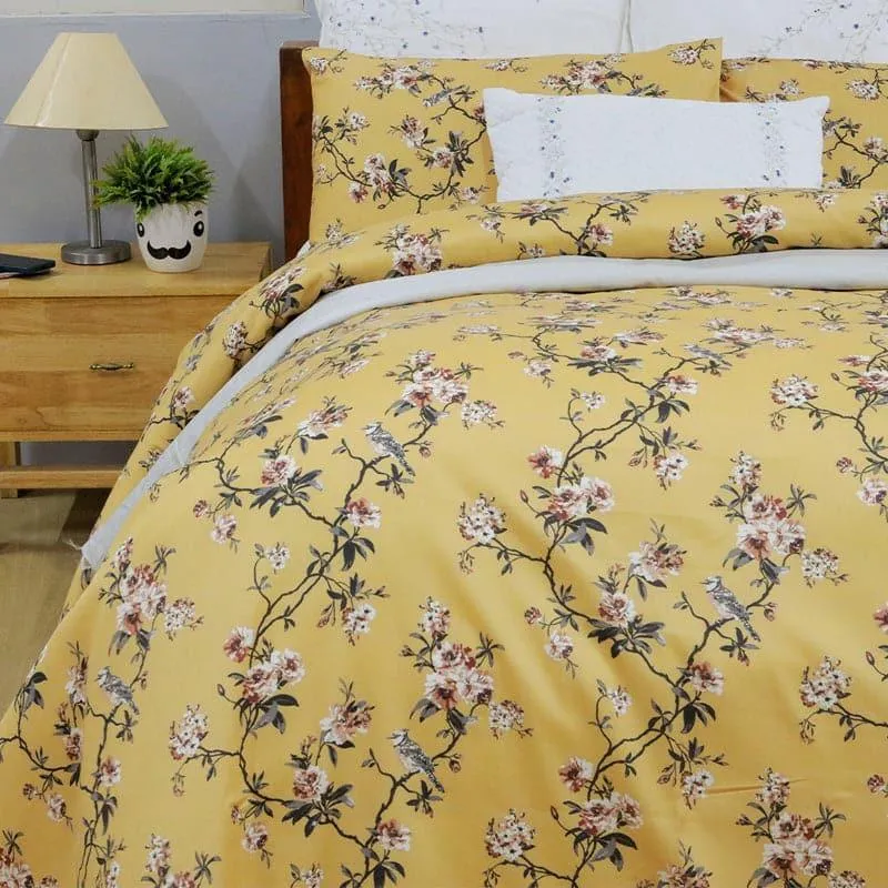 Cherry Blossom Floral Cotton Bedsheet (Mustard Yellow) - 254 TC media 3