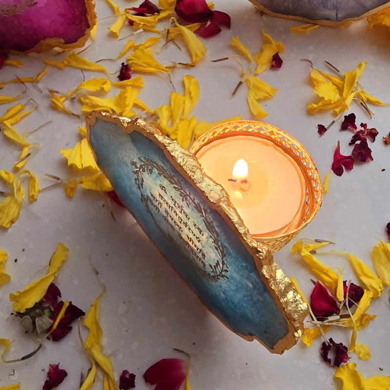 Festive Gayatri Mantra Agate Tealight Candle Holder - Turquoise media 3