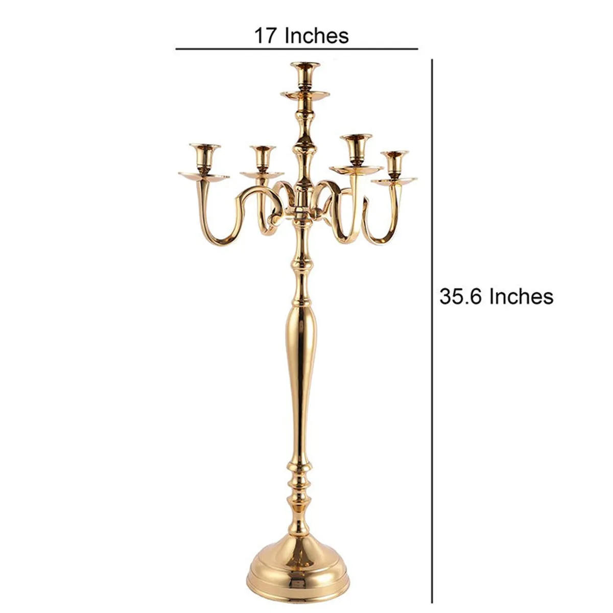 Gold freestanding candle holder with five arms on a white background