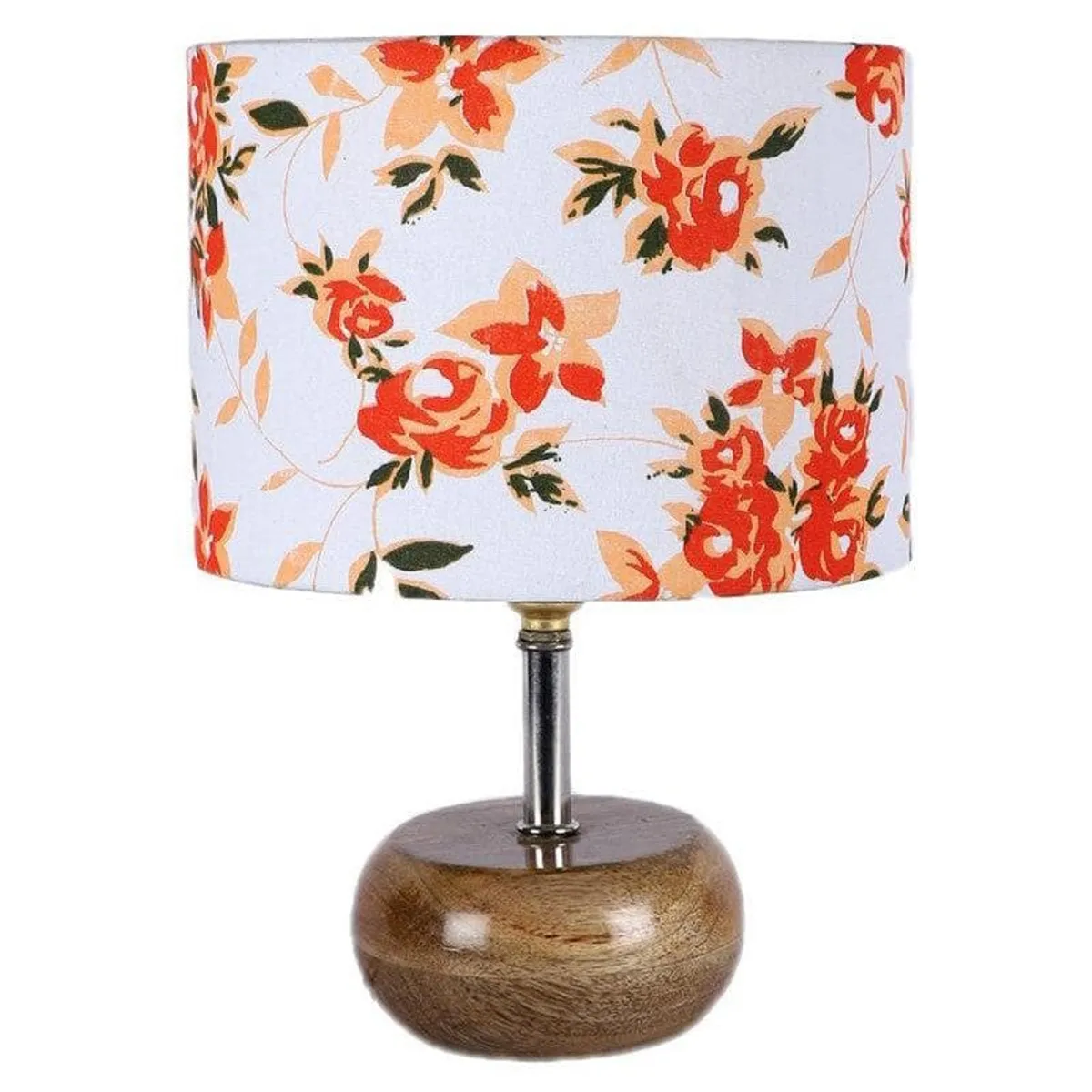 Front view of floral table lamp with cylindrical shade