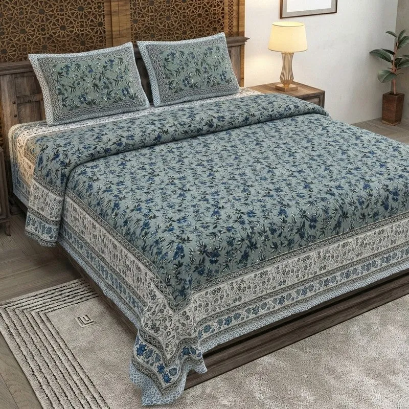 Florava Cotton Bedsheet (Grey,Blue) - 240 TC media 1