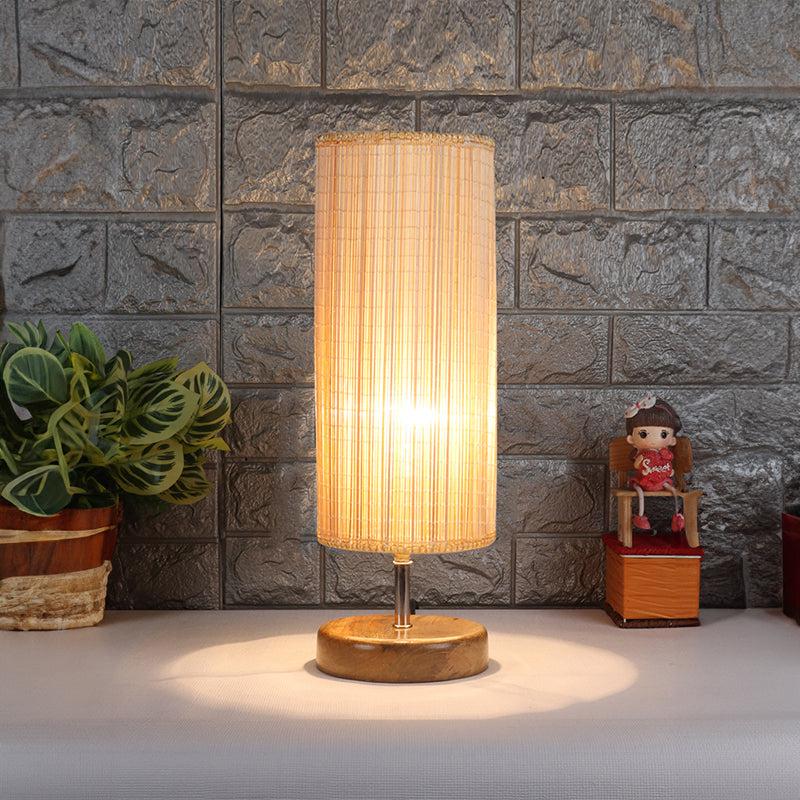 Hisha Wooden Table Lamp With Cylinder Bamboo Shade - Beige,Brown