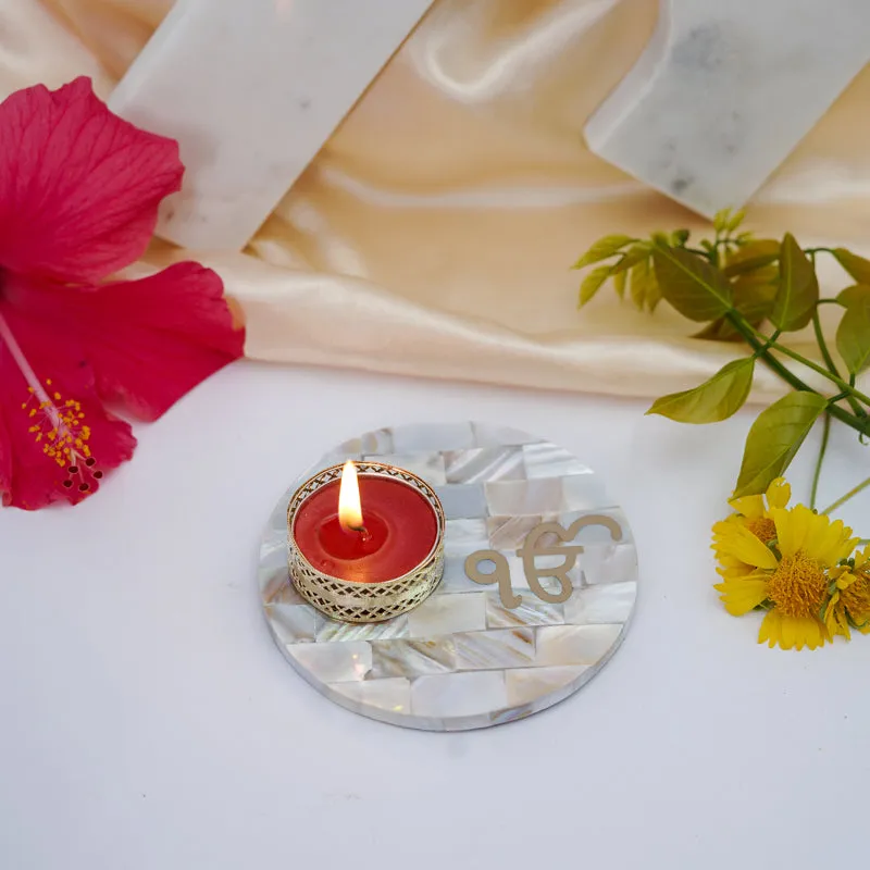 In Onkar Mother Of Pearl Tealight Candle Holder With Marble Base media 4