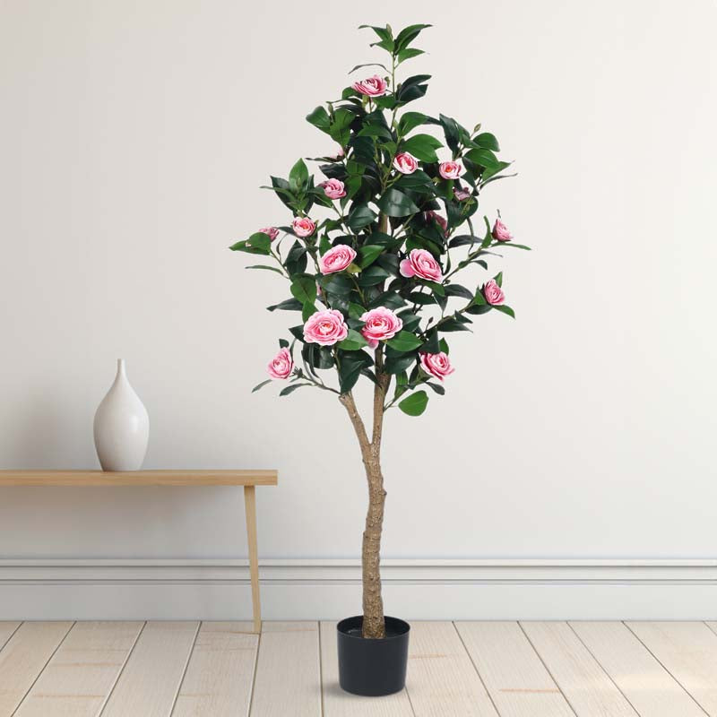 Faux Lush Mini Camellia Plant With Black Plastic Pot -  Pink  - 5 Feet media 3
