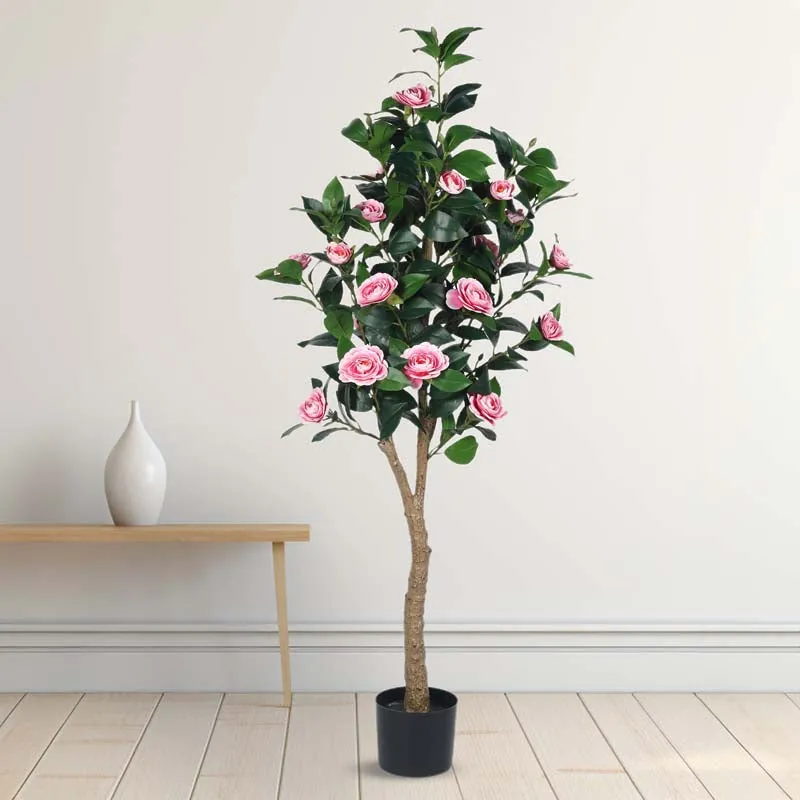 Faux Lush Mini Camellia Plant With Black Plastic Pot - Pink - 5 Feet media 3