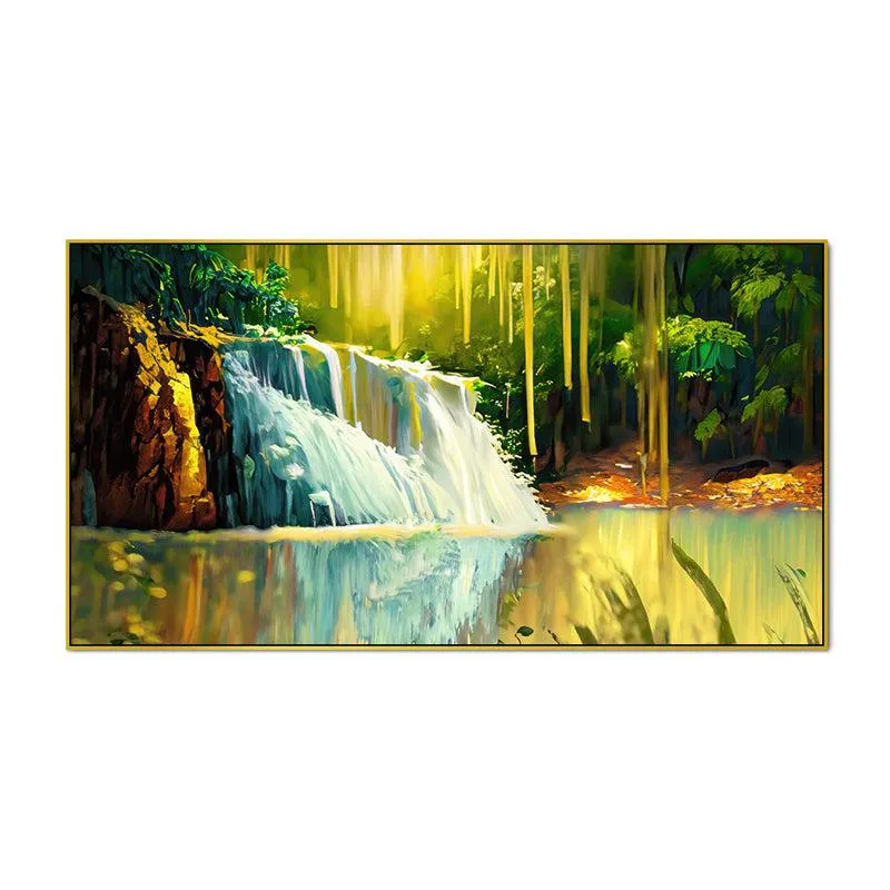 Autumnal Waterfalls Landscape Canvas Wall Painting With Frame - Gold media 5