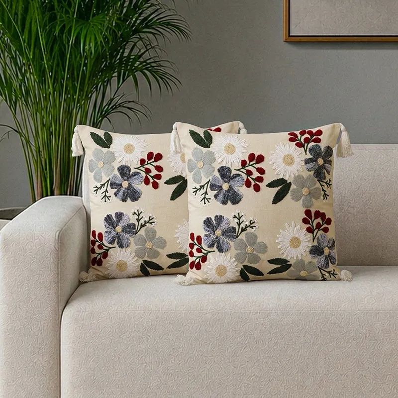 Vintage Garden Embroidered Cotton Cushion Cover-Set of Two media 1