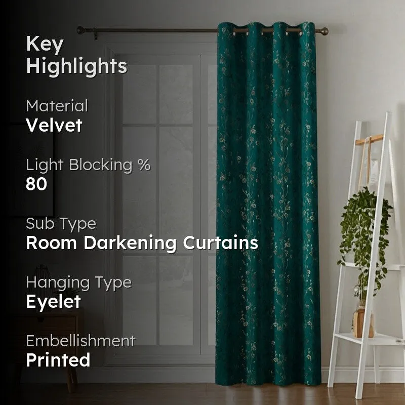 Glow Touch Printed Velvet Curtain - Teal,Gold media 2