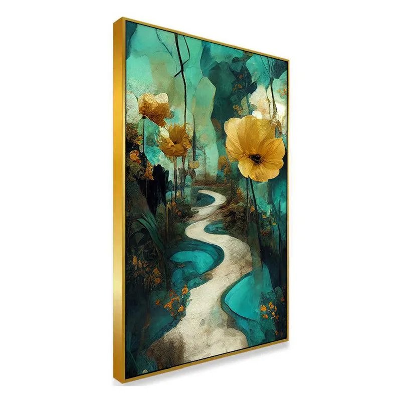 Winding Petal Path Floral Canvas Wall Painting With Frame - Gold media 3