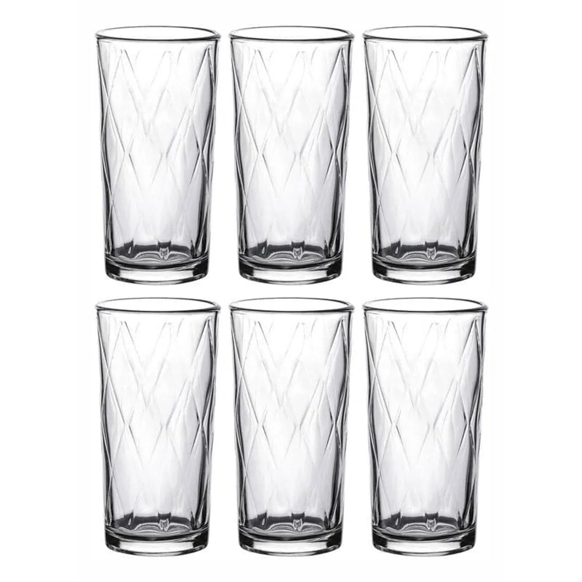 Six clear diamond-cut glass tumblers arranged in two rows