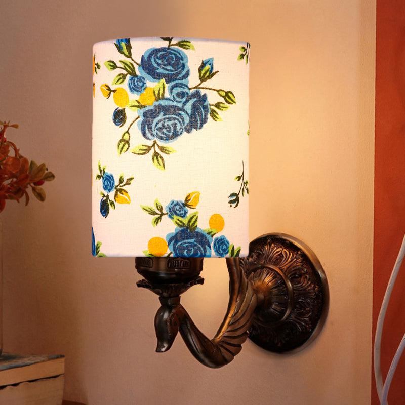 Amro Retro Blue Fleur Cylindrical Fabric & Metal Wall Lamp
