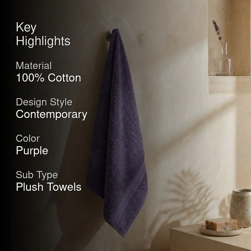 Purple bath towel with key highlights shown beside it