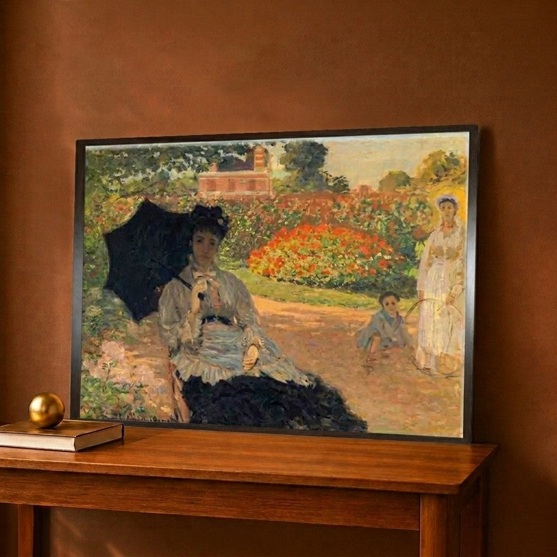 Camille in the Garden with Jean and His Nanny Canvas Wall Painting - 18 x 12 Inches