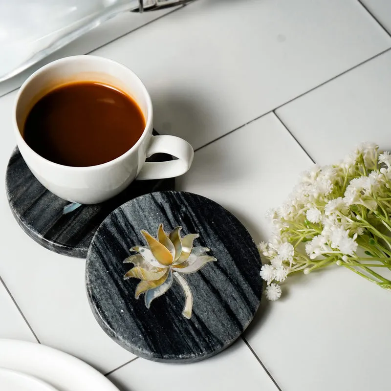 Lotus Marble Coaster With Mother Of Pearl Inlay (Grey) - Set Of Two media 3