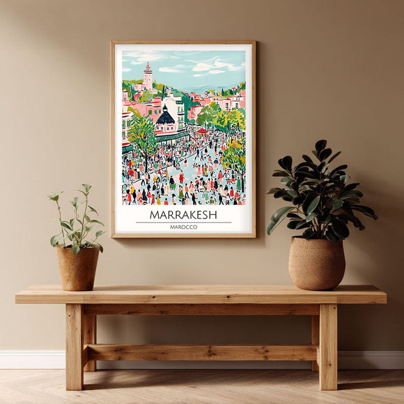 Vintage Marrakesh Framed Canvas Archival Canvas Wall Painting - Natural Brown Frame