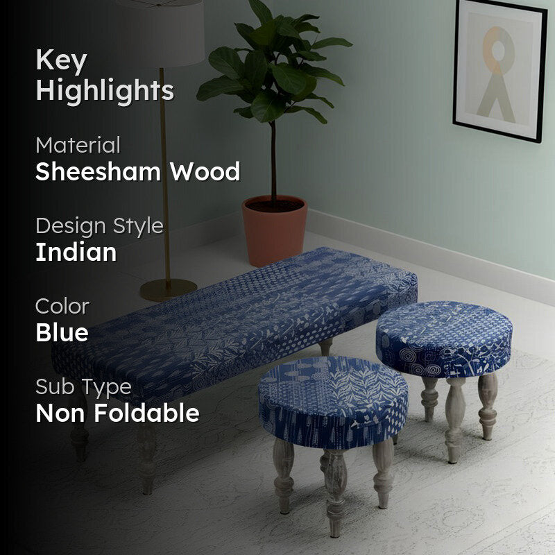 Brixo Sheesham Wooden Bench with Stools (Blue) - Three Piece Set media 2
