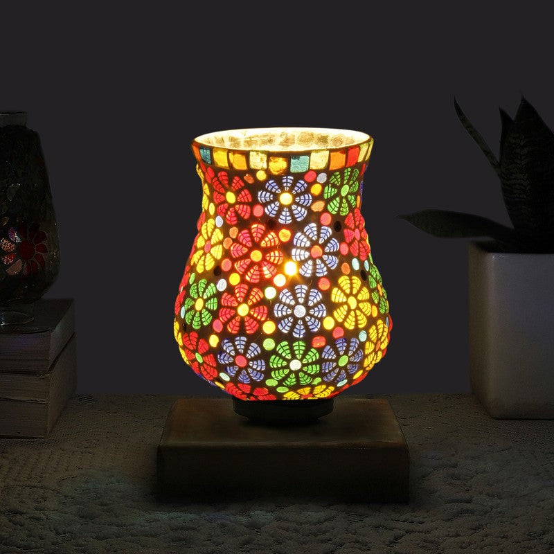 Glazic Mosaic Glass Table Lamp With Wooden Base - Multicolor
