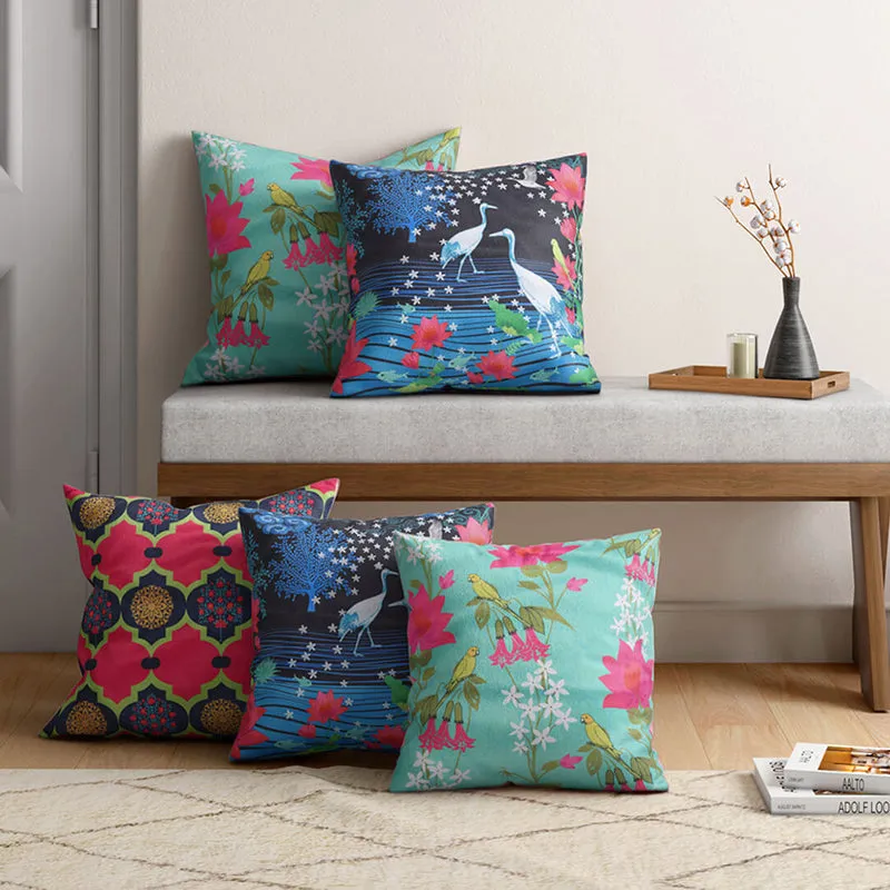 India Circus Sakura Stork Printed Velvet Cushion Cover - Set Of Five media 1