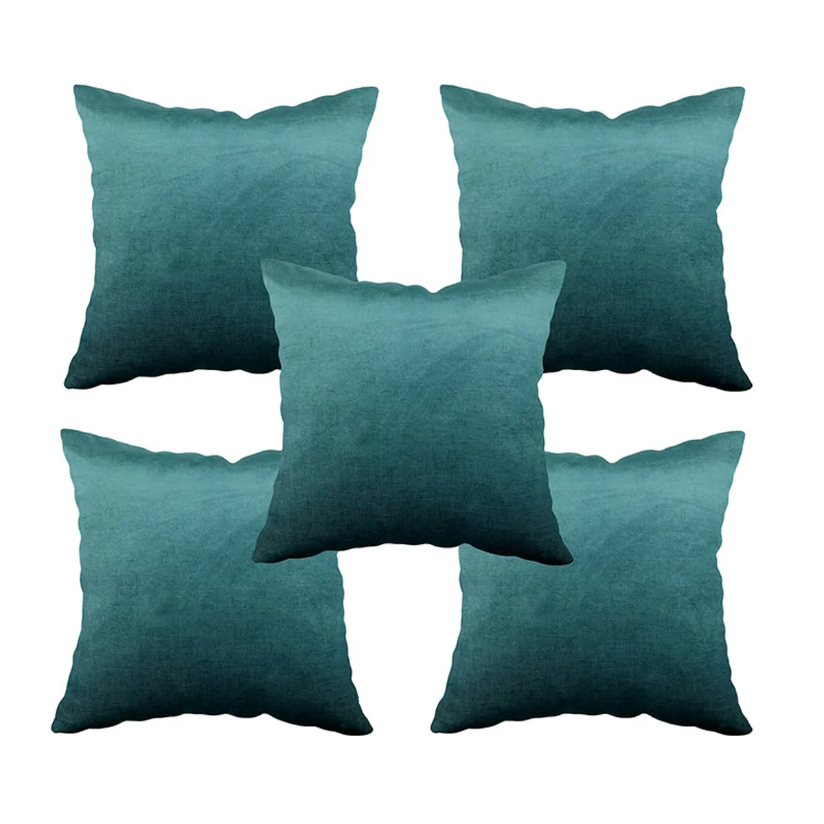 Five teal square cushion covers arranged together against a white background.