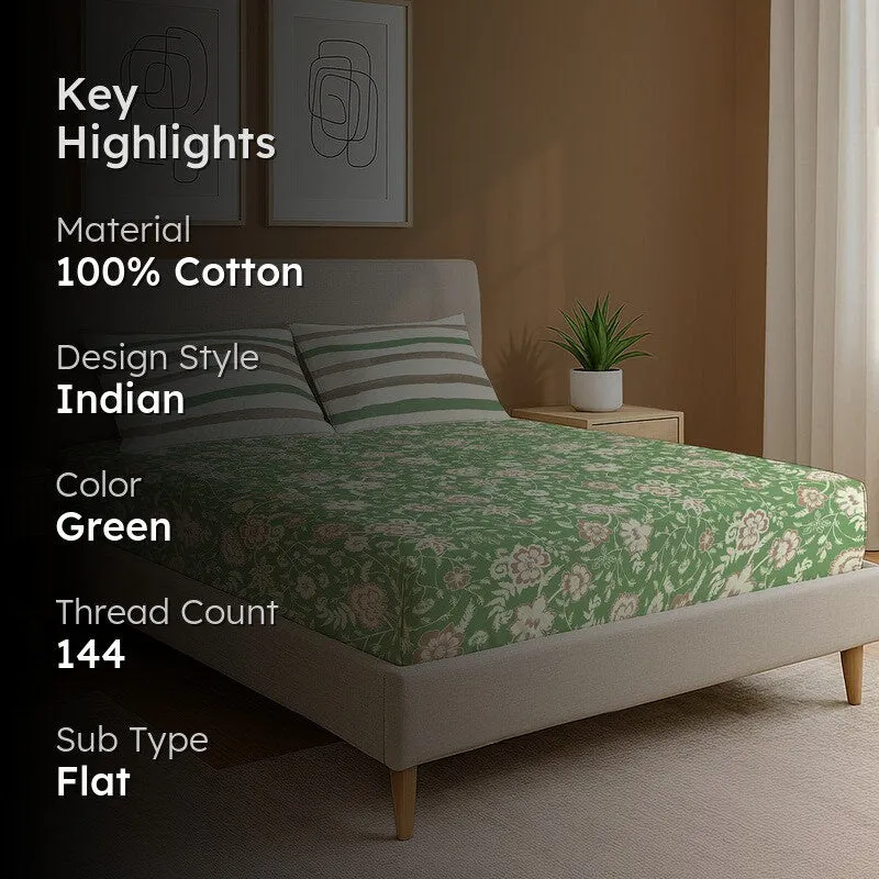 Green floral bedsheet with key highlights text overlay
