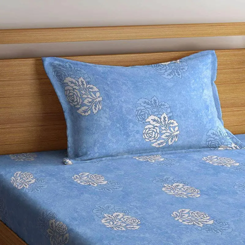 Plum Plume Cotton Bedsheet (Blue) - 400 TC media 3