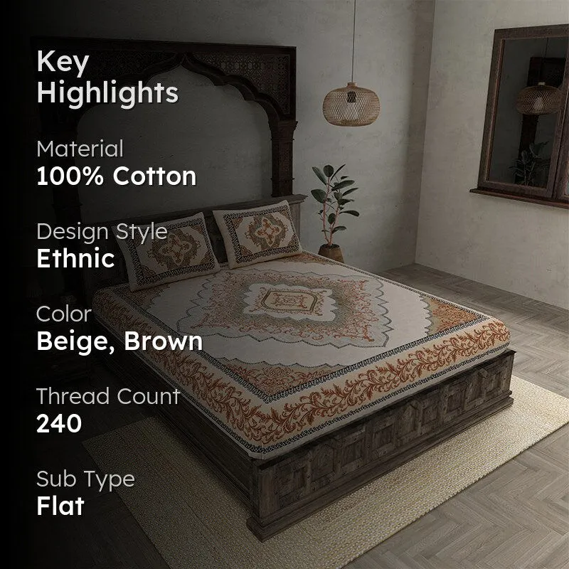 Chaitri Ethnic Cotton Bedsheet (Beige,Brown) - 240 TC media 2