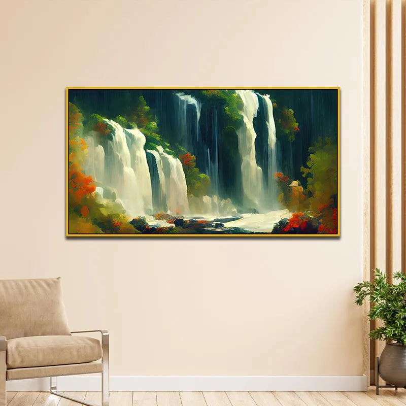 Ephemeral Waterfall Canvas Wall Painting With Frame - Gold media 1