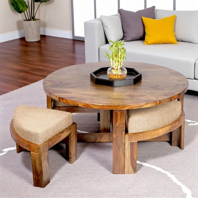 Hervon Sheesham Wooden Center Table with Stools and Cushions (Brown,Beige) - Nine Piece Set media 1