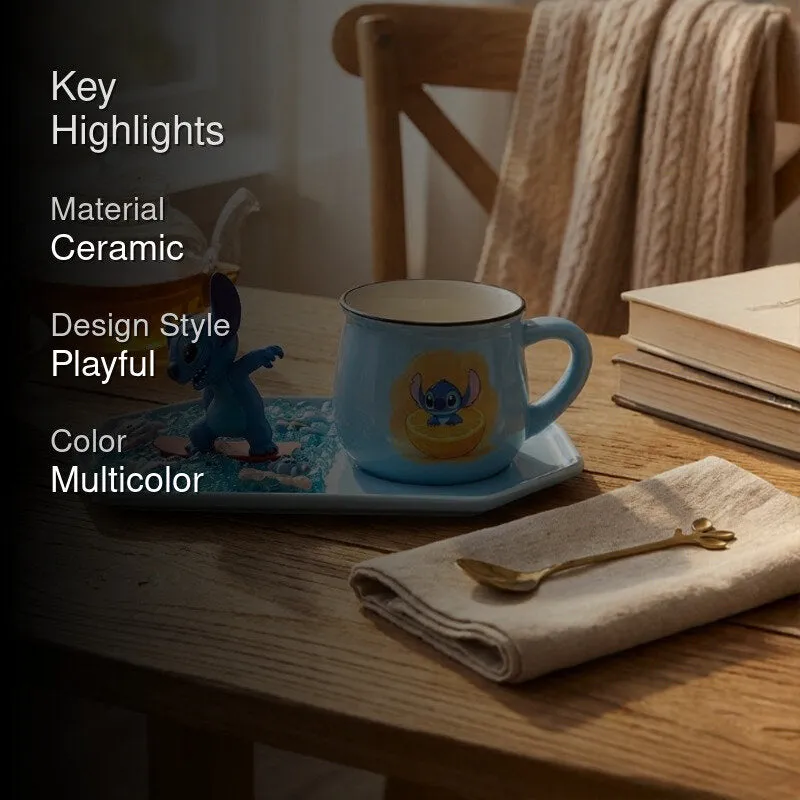 Blue character-themed mug and figurine with matching tray styled on a wooden table
