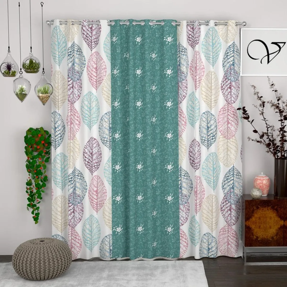 Three floral leaf curtains displayed across a doorway in a contemporary room.