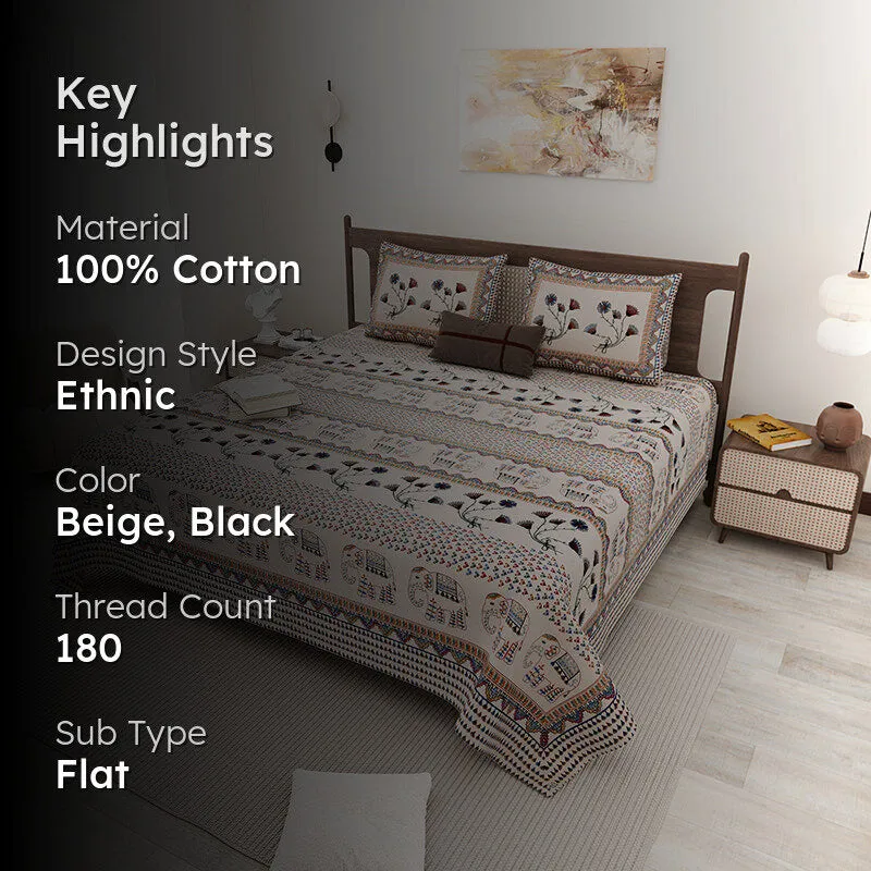 Aashvi Ethnic Cotton Bedsheet (Beige) - 180 TC media 2