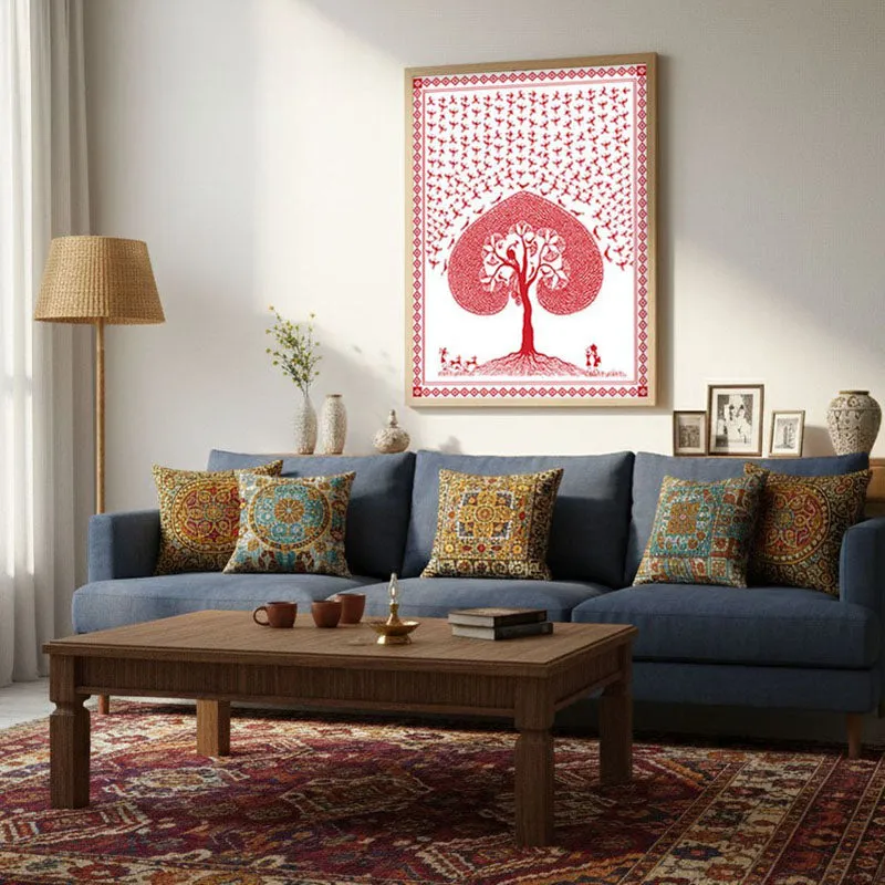 Rosy Grove Framed Warli Canvas Archival Canvas Wall Painting - Natural Brown Frame media 3