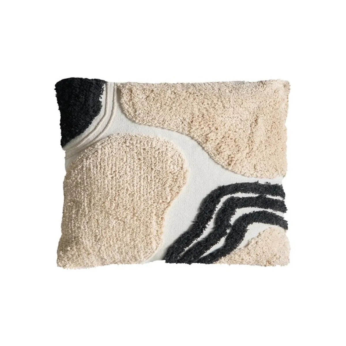 Square tufted cushion cover with cream, white and black curved shapes