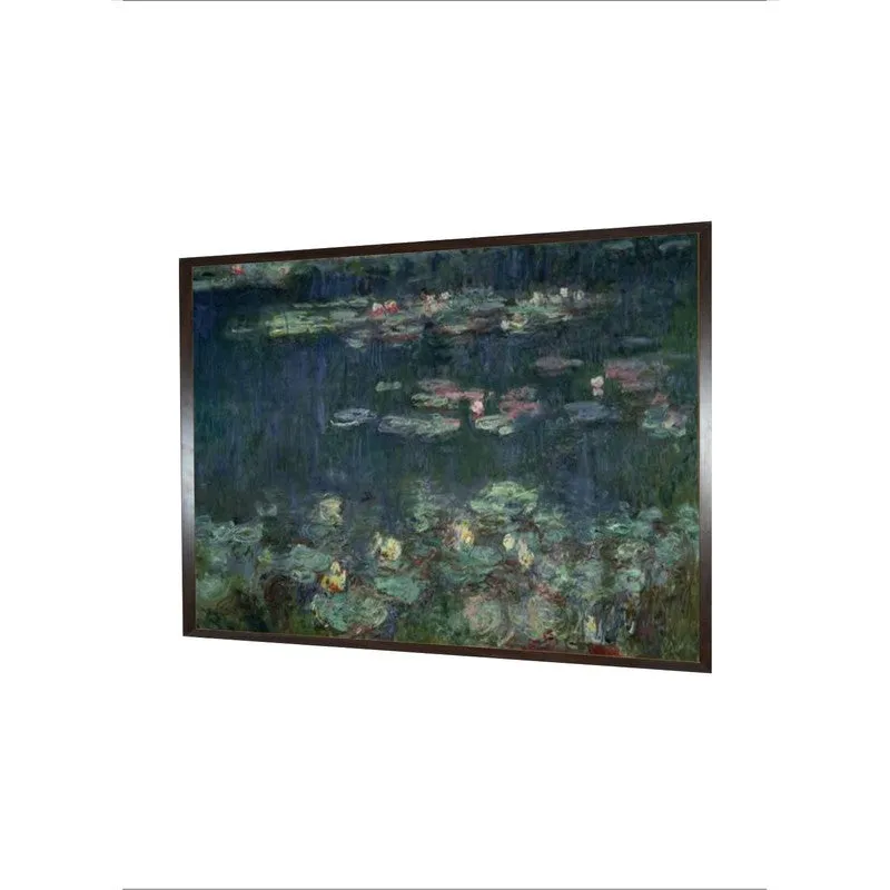 Angled view of a framed waterlilies painting against a white background