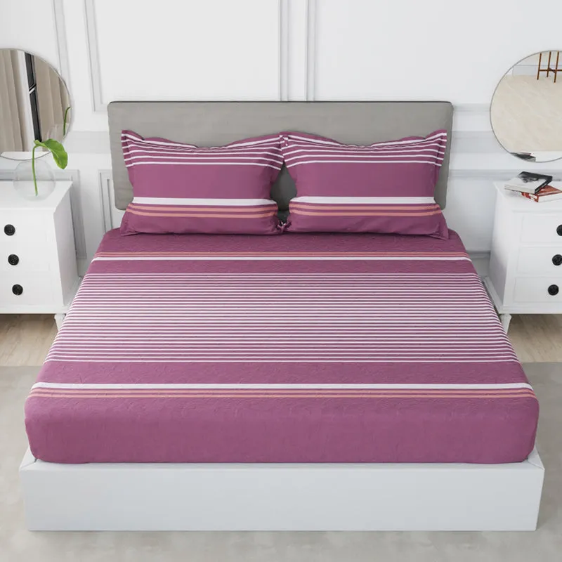 Front view of maroon striped bedsheet with two matching pillow covers
