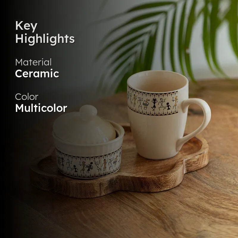 Warli Whirls Handpainted Ceramic High Tea Set (300 ML & 160 ML) - Three Piece Set media 2